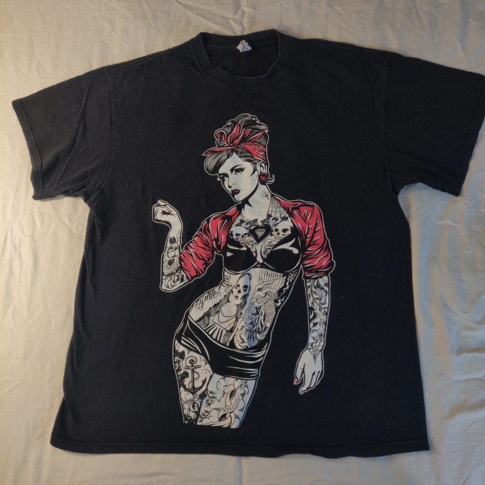 Tattoo Pin Up Girl Short Sleeve Shirt L Black